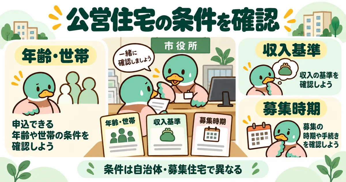 あいみつの絵柄のカモが「公営住宅の条件を確認」について、年齢・世帯・収入基準・募集時期を案内するイラスト。