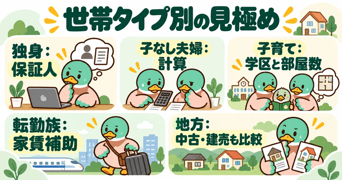 あいみつの絵柄のカモが「世帯タイプ別の見極め」について、独身：保証人・子なし夫婦：計算・子育て：学区と部屋数・転勤族：家賃補助・地方：中古・建売も比較を案内するイラスト。