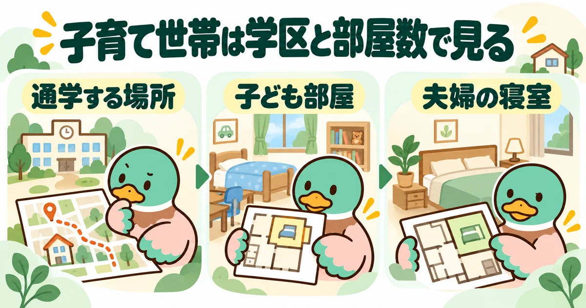 あいみつの絵柄のカモが「子育て世帯は学区と部屋数で見る」について、通学する場所・子ども部屋・夫婦の寝室を案内するイラスト。