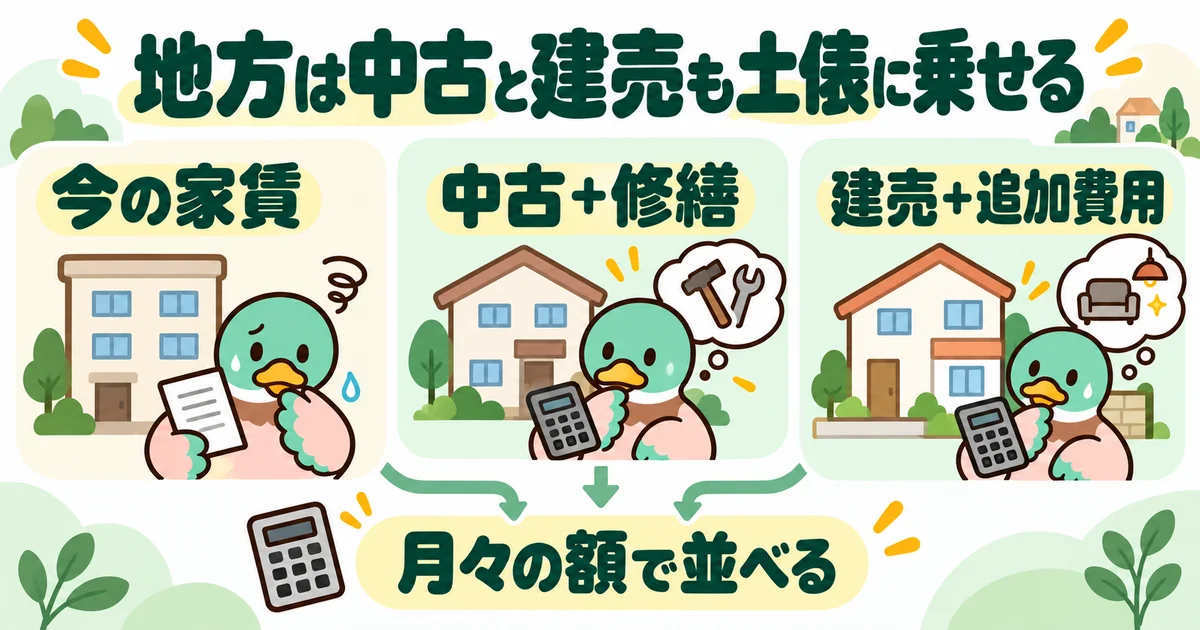 あいみつの絵柄のカモが「地方は中古と建売も土俵に乗せる」について、今の家賃・中古＋修繕・建売＋追加費用を案内するイラスト。
