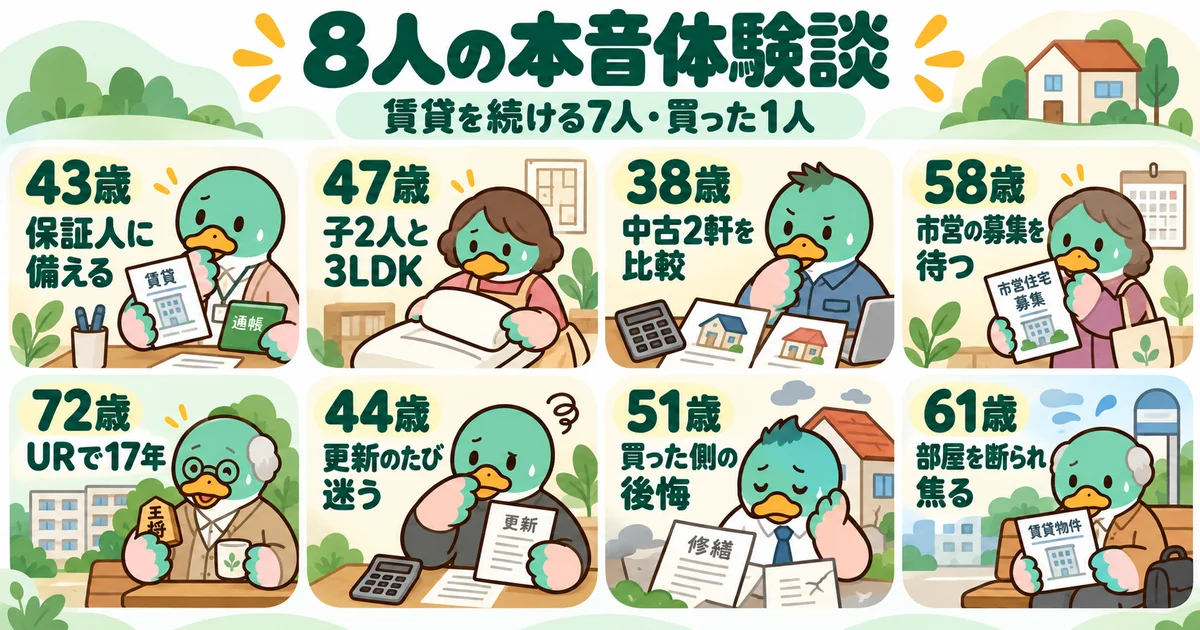 年代や服装の違う8人のカモが、それぞれの住まいの体験を表す8分割の図。