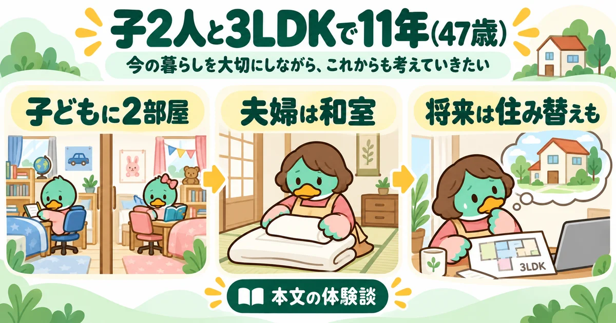 あいみつの絵柄のカモが「子2人と3LDKで11年（47歳）」について、子どもに2部屋・夫婦は和室・将来は住み替えもを案内するイラスト。