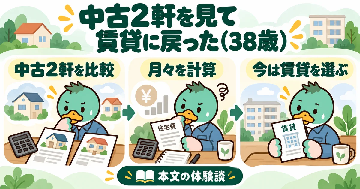 あいみつの絵柄のカモが「中古2軒を見て賃貸に戻った（38歳）」について、中古2軒を比較・月々を計算・今は賃貸を選ぶを案内するイラスト。