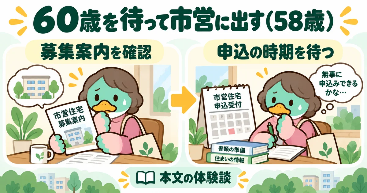 あいみつの絵柄のカモが「60歳を待って市営に出す（58歳）」について、募集案内を確認・申込の時期を待つを案内するイラスト。