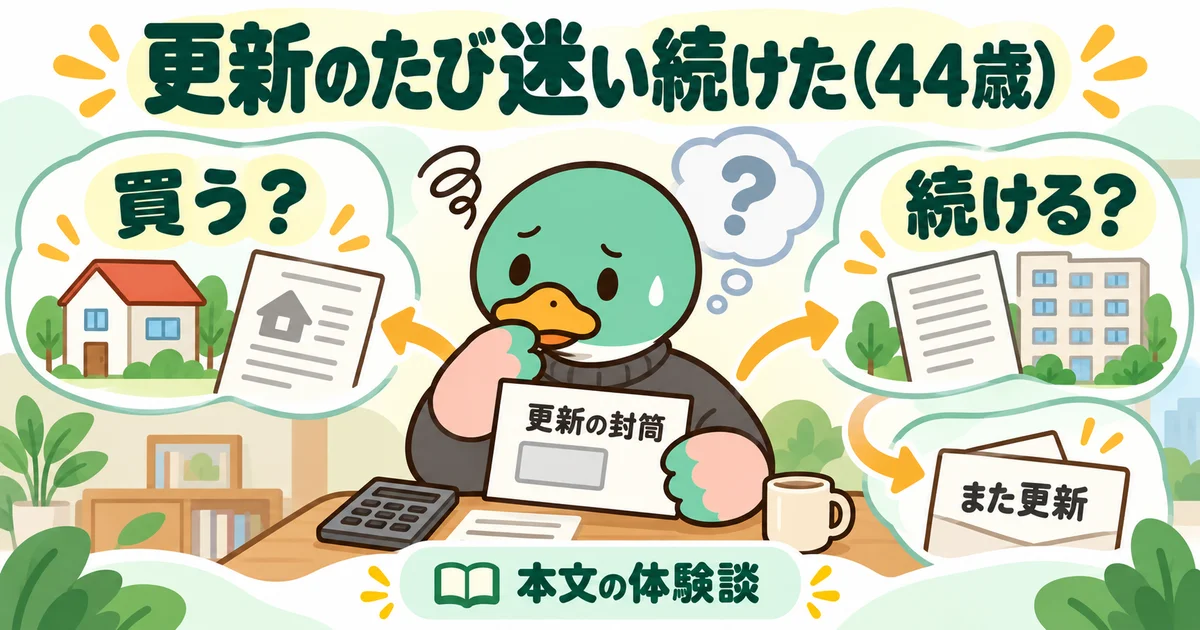 あいみつの絵柄のカモが「更新のたび迷い続けた（44歳）」について、更新の封筒・買う？続ける？・また更新を案内するイラスト。