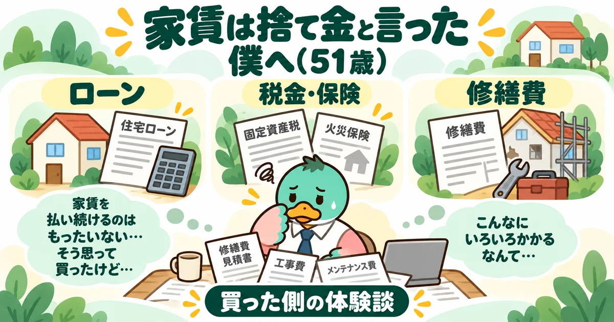 あいみつの絵柄のカモが「家賃は捨て金と言った僕へ（51歳）」について、ローン・税金・保険・修繕費を案内するイラスト。