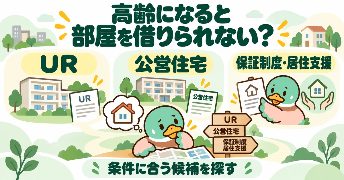 あいみつの絵柄のカモが「高齢になると部屋を借りられない？」について、UR・公営住宅・保証制度・居住支援を案内するイラスト。