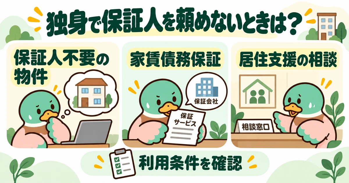 あいみつの絵柄のカモが「独身で保証人を頼めないときは？」について、保証人不要の物件・家賃債務保証・居住支援の相談を案内するイラスト。