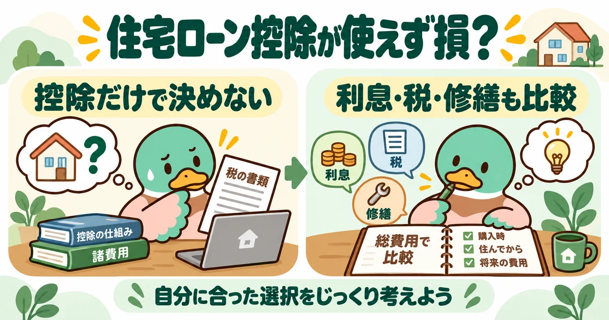 あいみつの絵柄のカモが「住宅ローン控除が使えず損？」について、控除だけで決めない・利息・税・修繕も比較を案内するイラスト。
