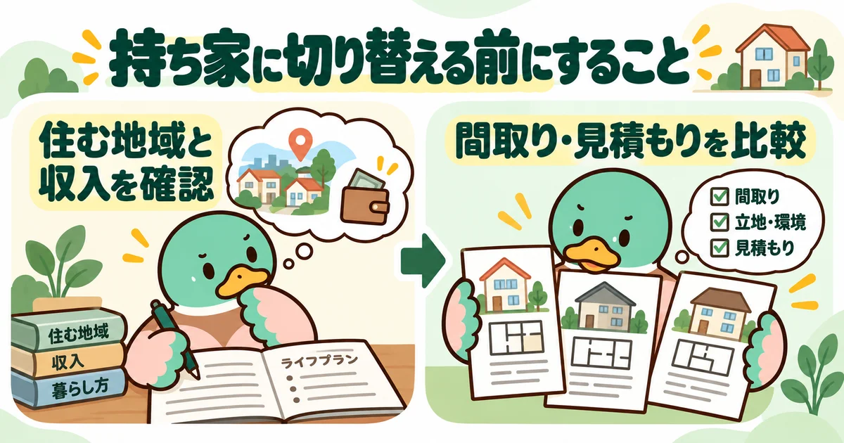 あいみつの絵柄のカモが「持ち家に切り替える前にすること」について、住む地域と収入を確認・間取り・見積もりを比較を案内するイラスト。