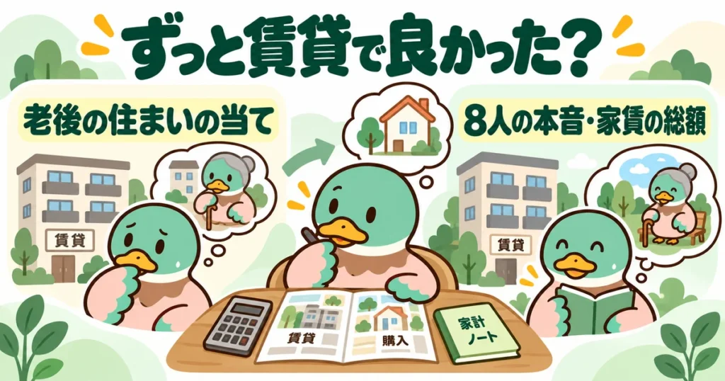 あいみつの絵柄のカモが「ずっと賃貸で良かった？」について、老後の住まいの当て・8人の本音・家賃の総額を案内するイラスト。