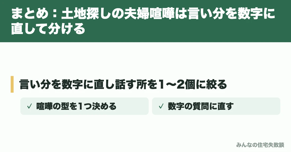 まとめ：土地探しの夫婦喧嘩は言い分を数字に直して分ける