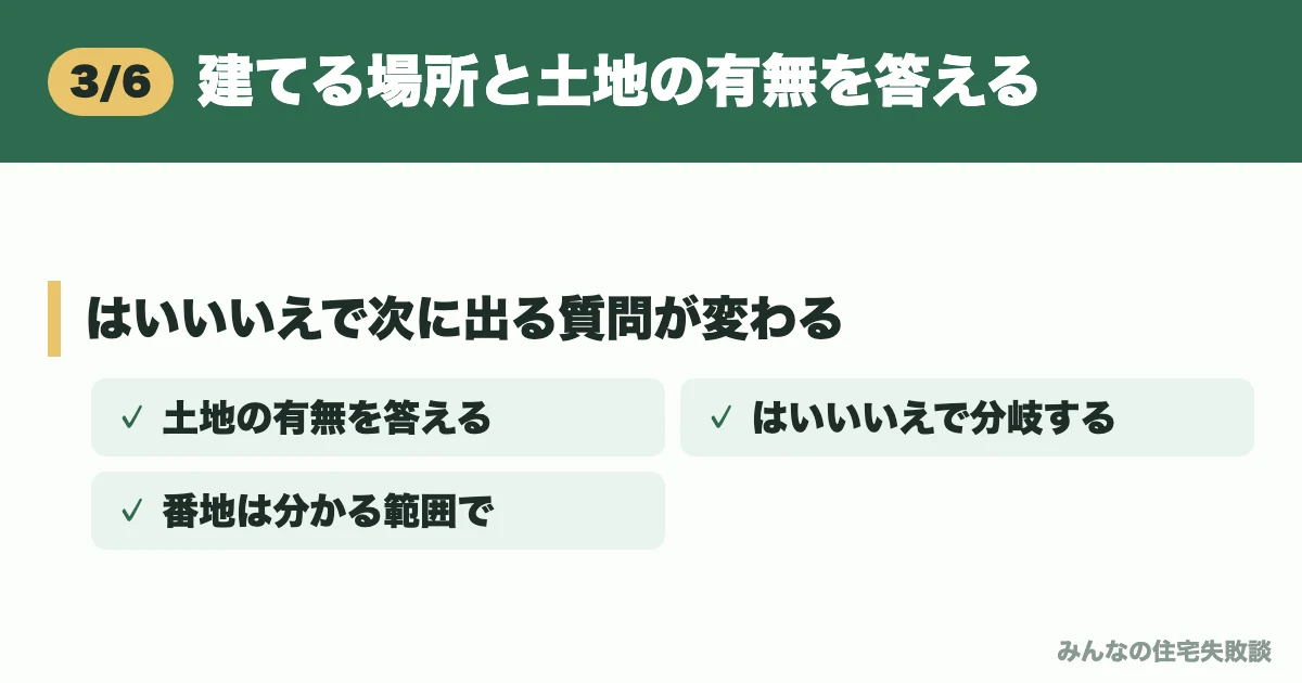 建てる場所と土地の有無を答える