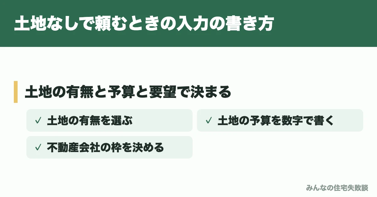 土地なしで頼むときの入力の書き方